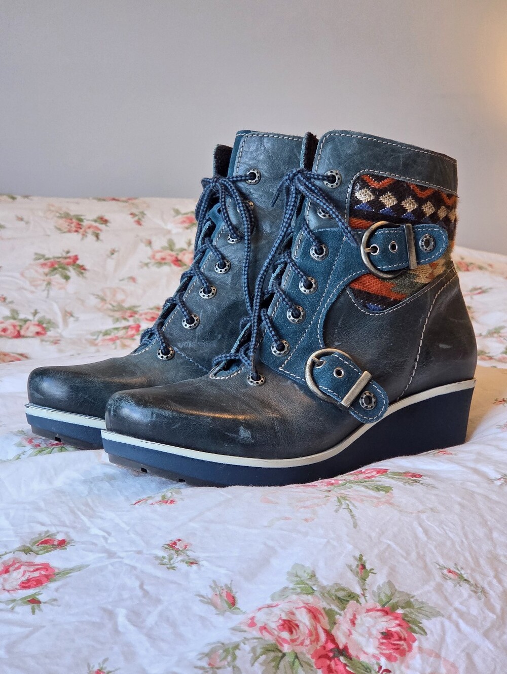 Dromedaris Teal Leather Wedge Platform Boots Sz 41 (10.5-11)Western Boho Boots